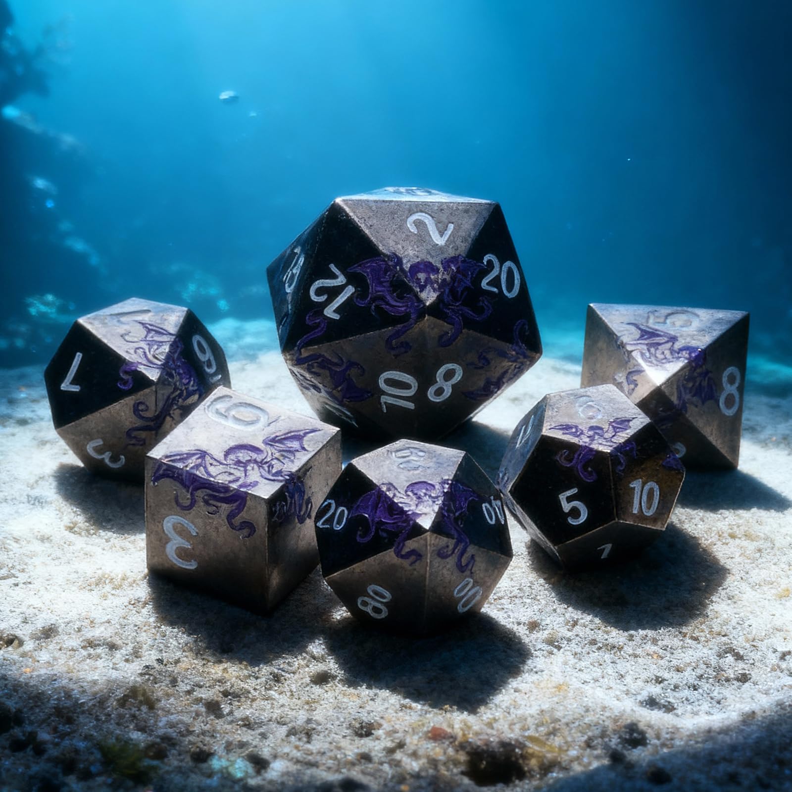 HNCCESG Cthulhu octopus D20 die in shadow purple on black, grand finale-style rolls