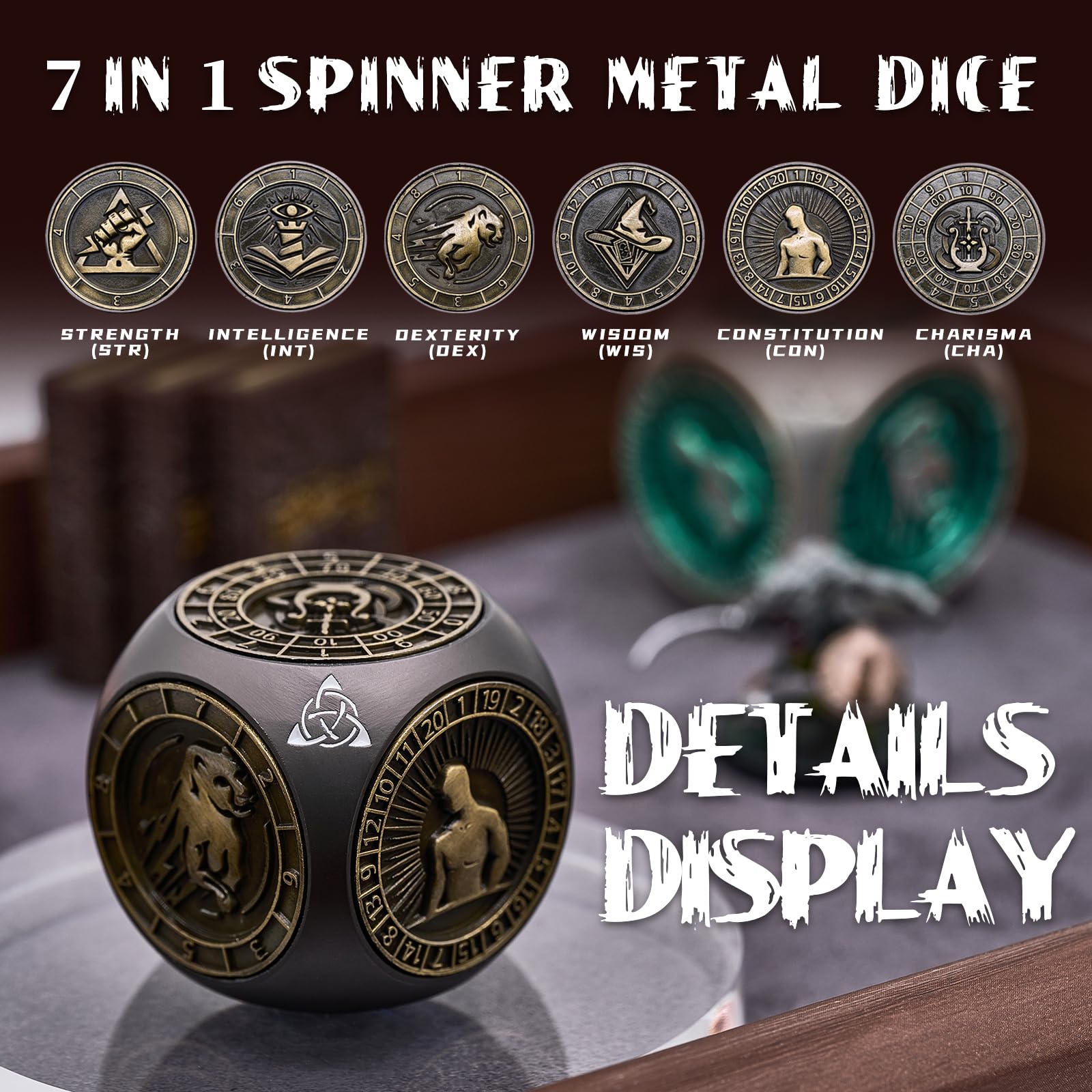 HNCCESG Spinner DND Dice Set with 3D engraving highlighting bold RPG symbols.