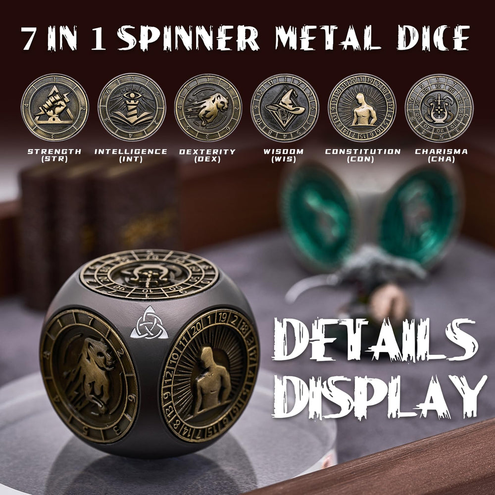 HNCCESG Spinner DND Dice Set with 3D engraving highlighting bold RPG symbols.