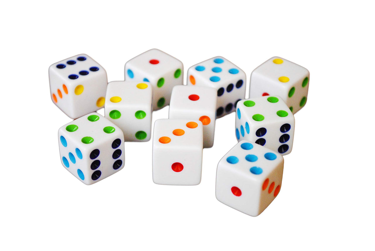 Hobby Monsters D6 16mm white dice with colorful pips for tabletop games