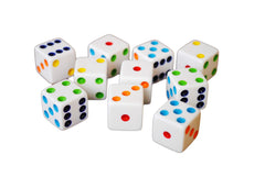 Hobby Monsters D6 16mm white dice with colorful pips for tabletop games