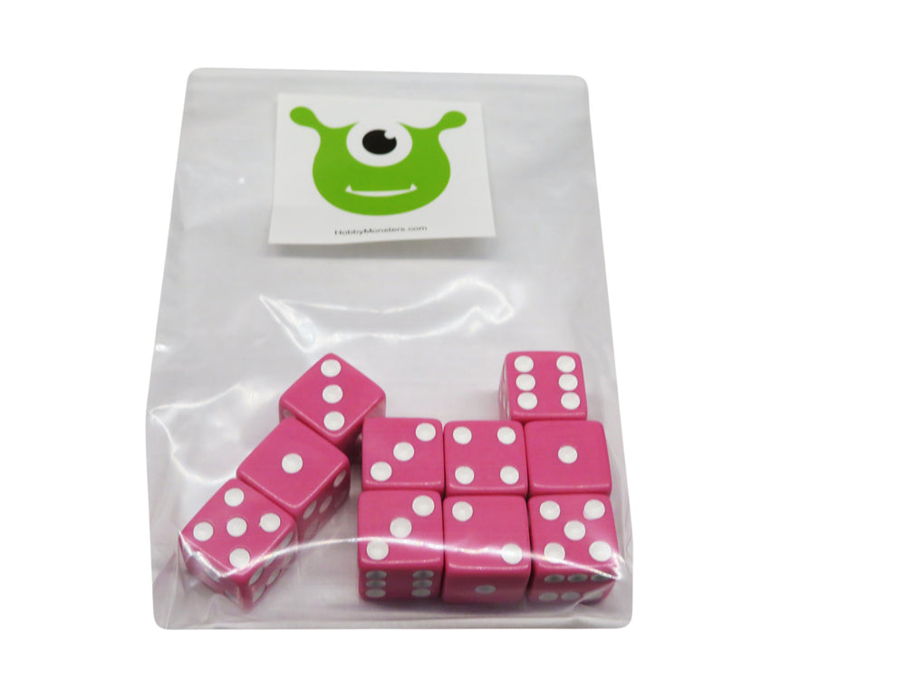 Pink 16mm Hobby Monsters dice with white pips for easy reading