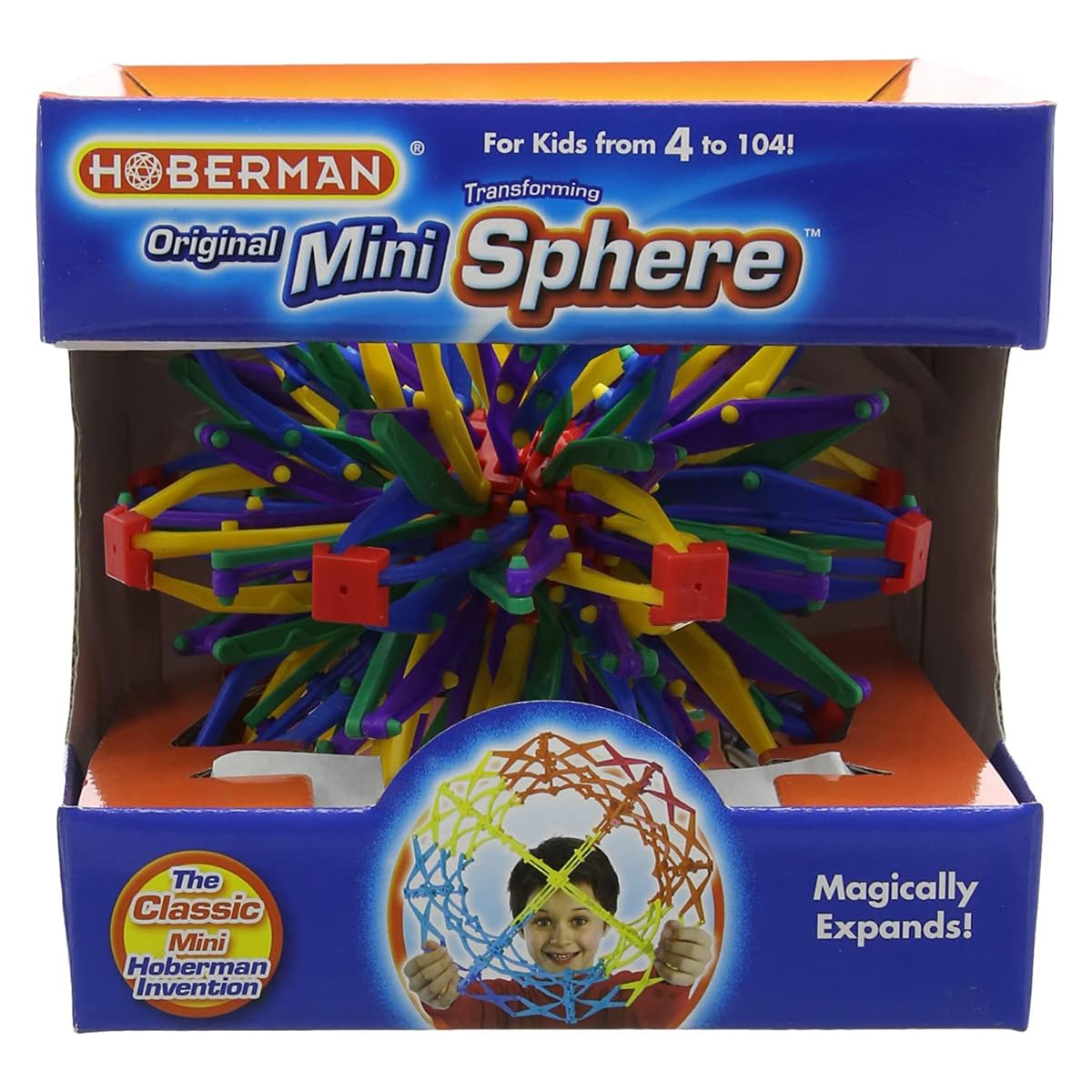 Hoberman Expanding Mini Sphere expanded into a colorful lattice globe.