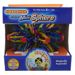 Hoberman Expanding Mini Sphere expanded into a colorful lattice globe.