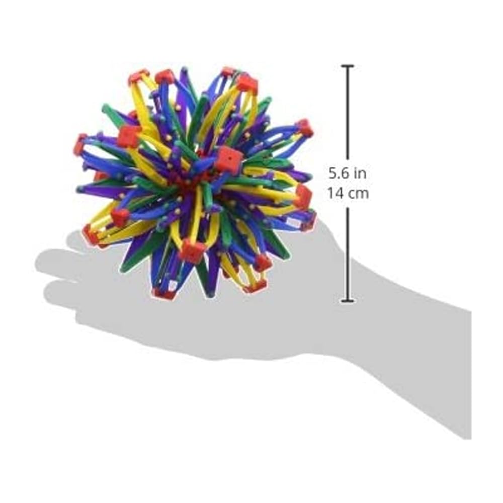 Hoberman Expanding Mini Sphere in hand, showcasing tactile expansion and contraction.