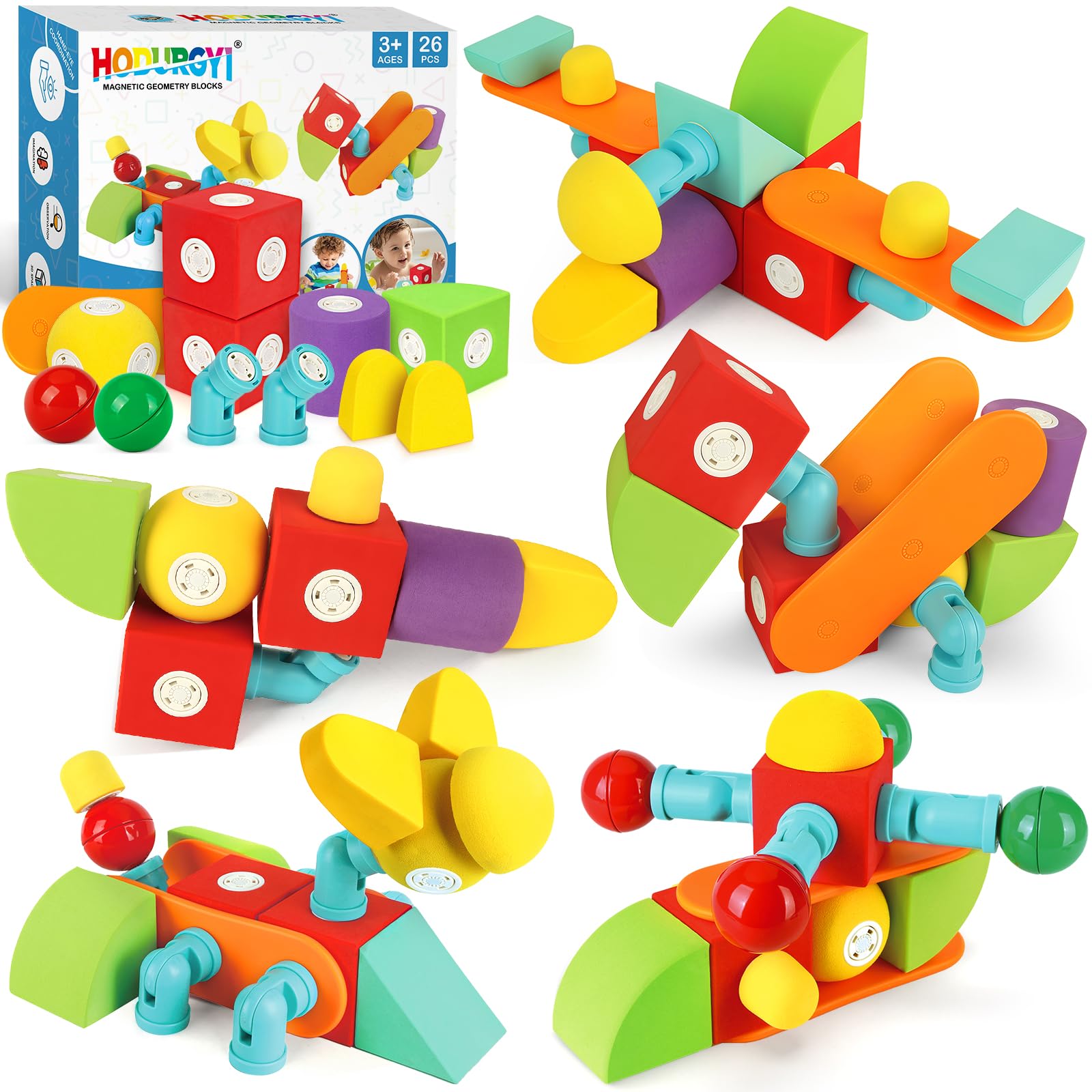 Hodurgyi 26-piece magnetic foam blocks for STEM building and creative learning.