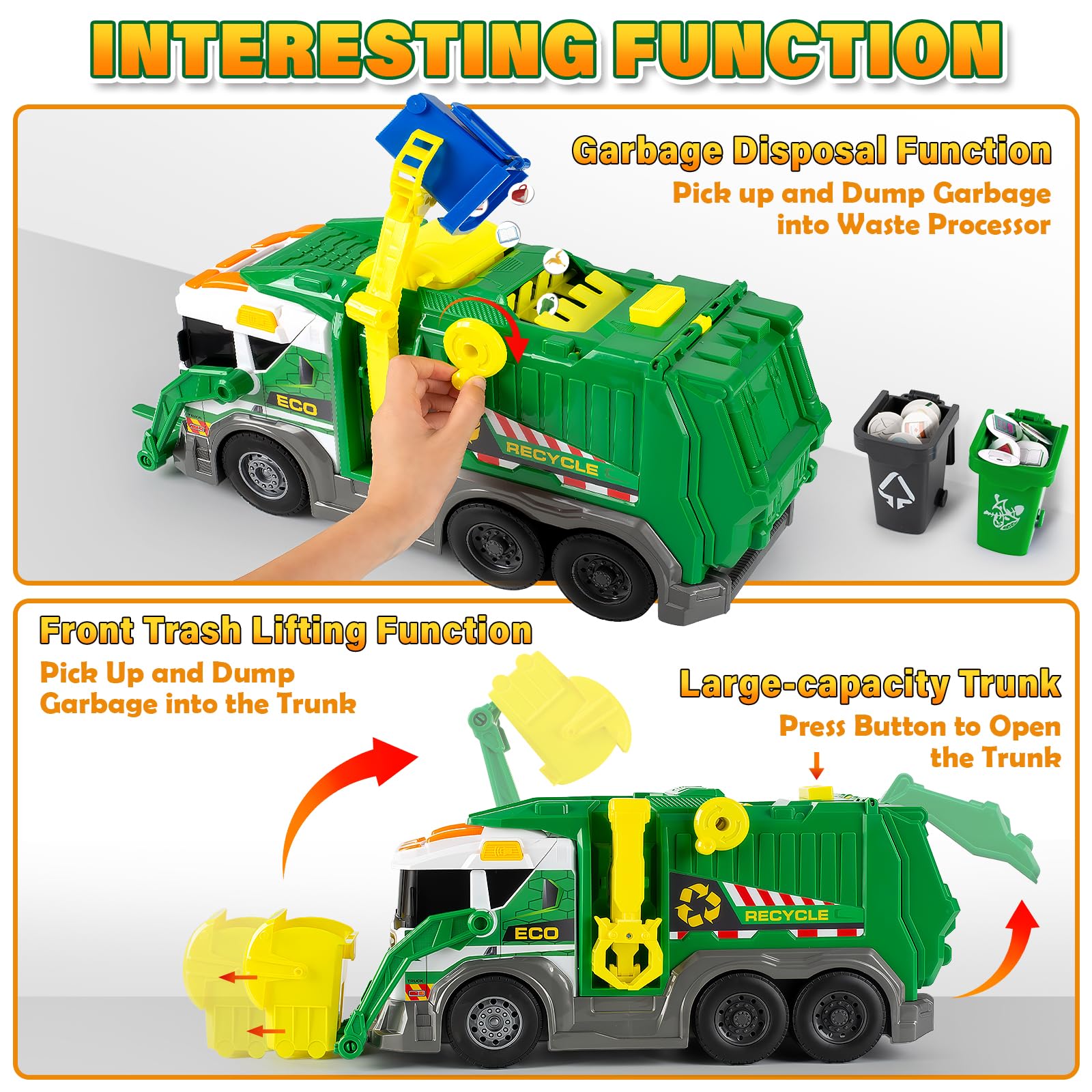 Hodurgyi garbage truck toy interactive roof button demonstrating sounds and lights