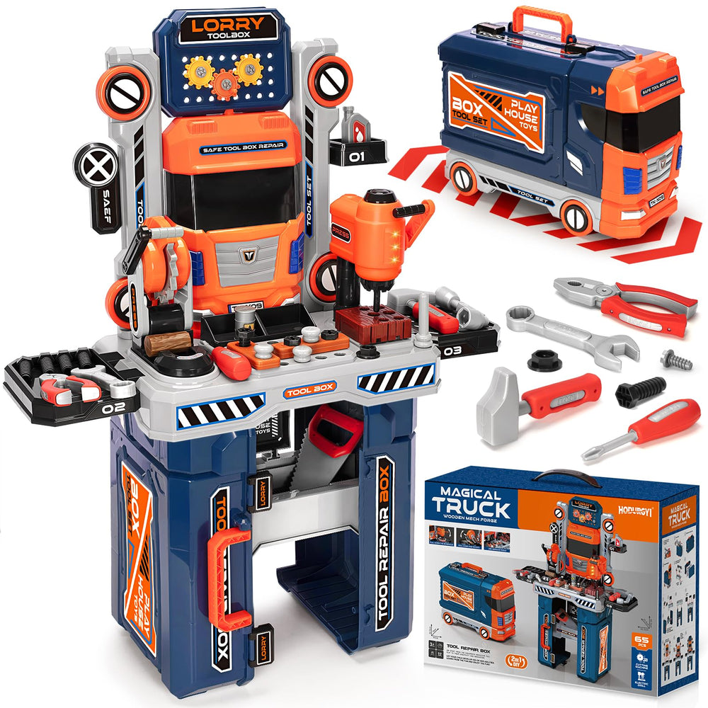 Hodurgyi kids tool bench with electric drill in action for imaginative play