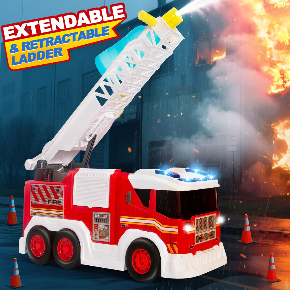 Extended 17-inch ladder on Hodurgyi fire truck toy for elevated play
