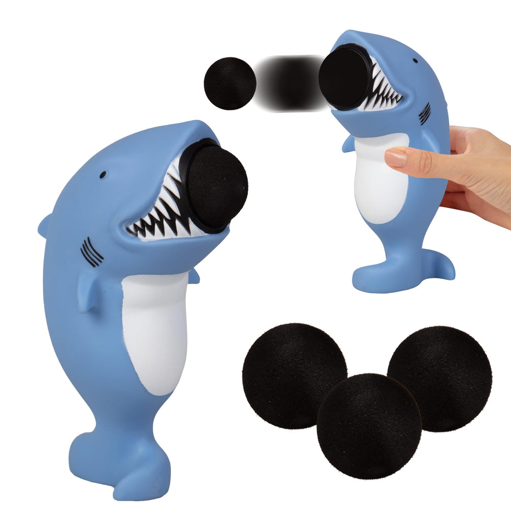 Hog Wild Shark Ball Popper belly launch shoots foam balls up to 20 feet for active play.