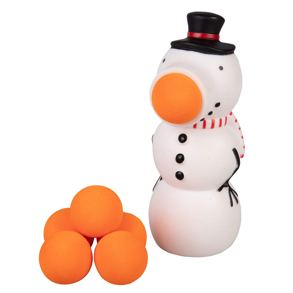 Hog Wild Snowman Ball Popper squeezed to launch foam balls up to 20 feet.