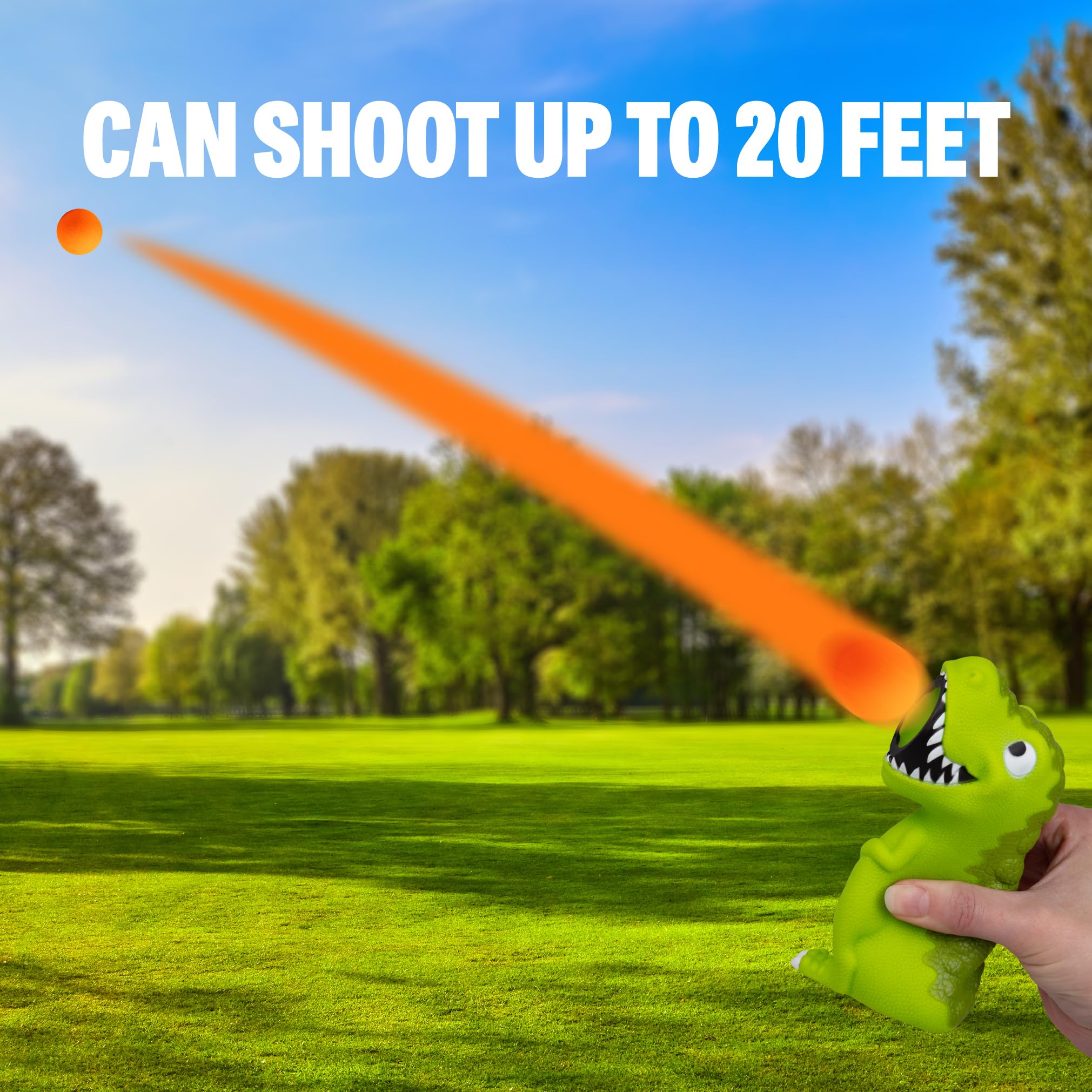 Hog Wild T-Rex Ball Popper Launcher in action shooting foam balls up to 20 feet.