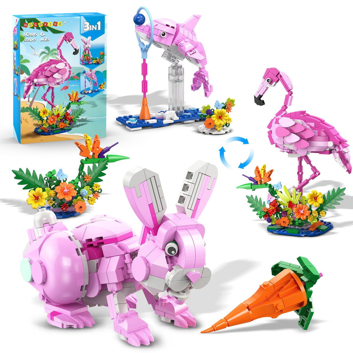 HOGOKIDS 3 in 1 pink flamingo building set flamingo figure for imaginative play and display