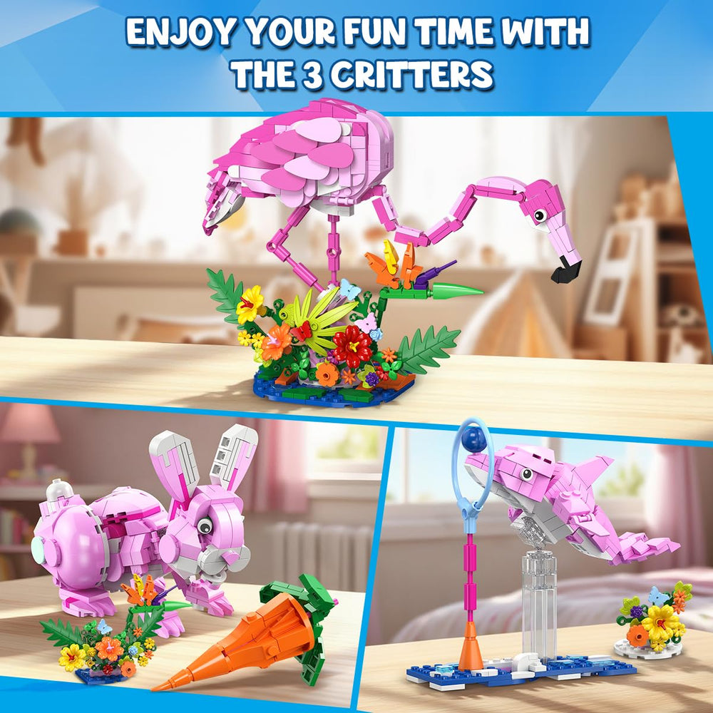 HOGOKIDS 3 in 1 pink flamingo building set flower bush adds vibrant display