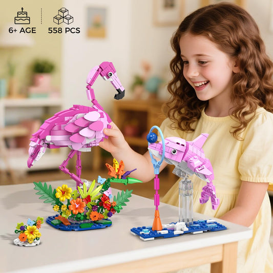 HOGOKIDS 3 in 1 pink flamingo building set rabbit figure supports storytelling and fine motor skills