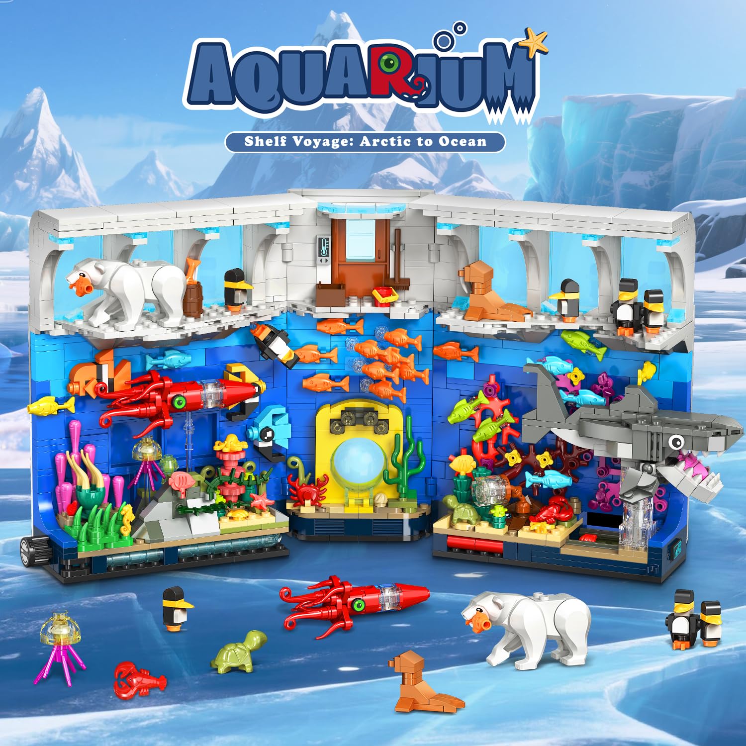 HOGOKIDS Aquarium Book Nook shows 1064 pieces for a detailed building experience.
