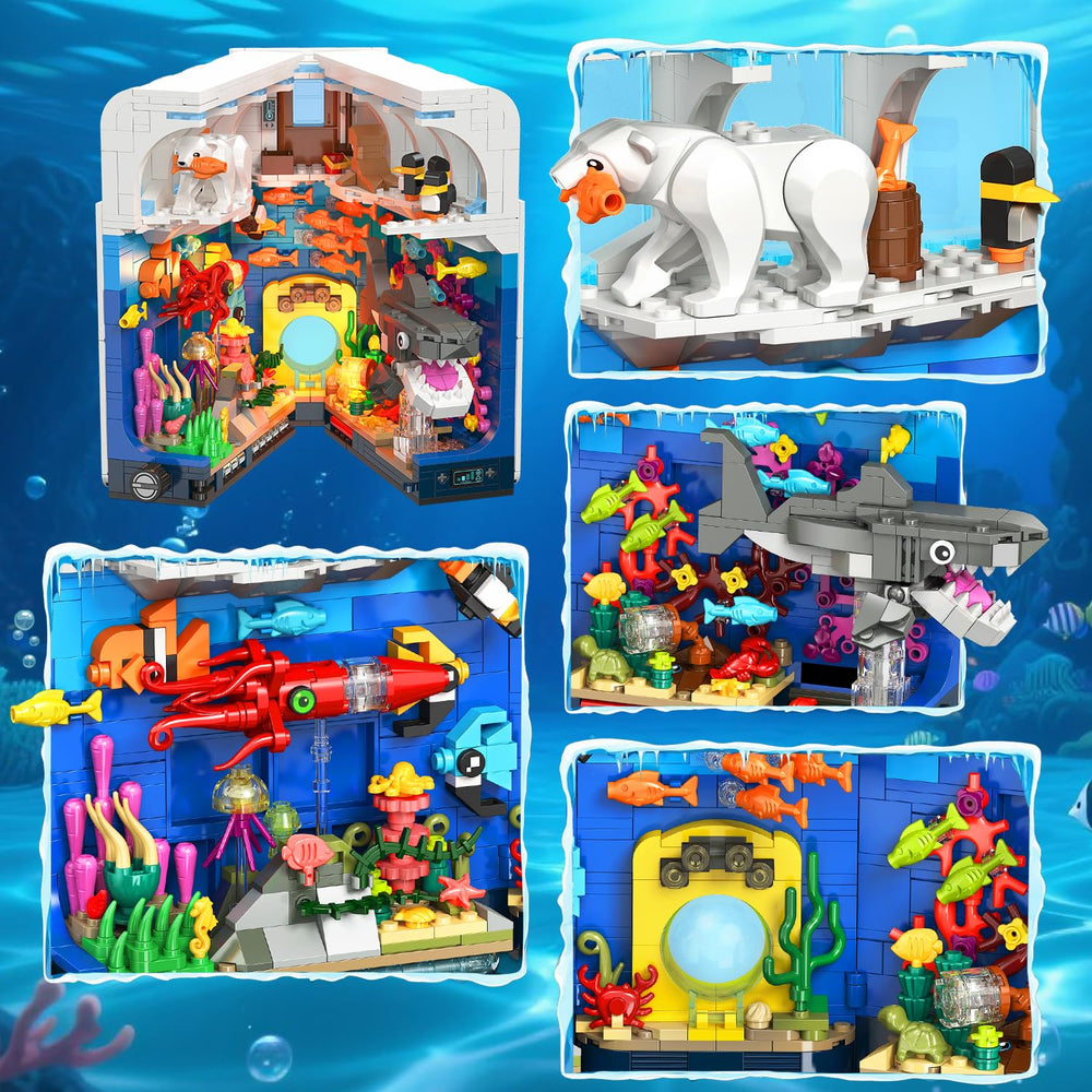 HOGOKIDS Aquarium Book Nook bottom level features a shark, fish, and vibrant coral.