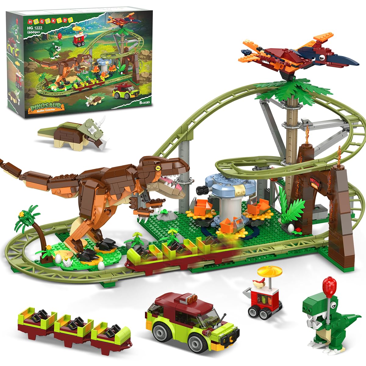HOGOKIDS dinosaur roller coaster set image showing the full build and pieces
