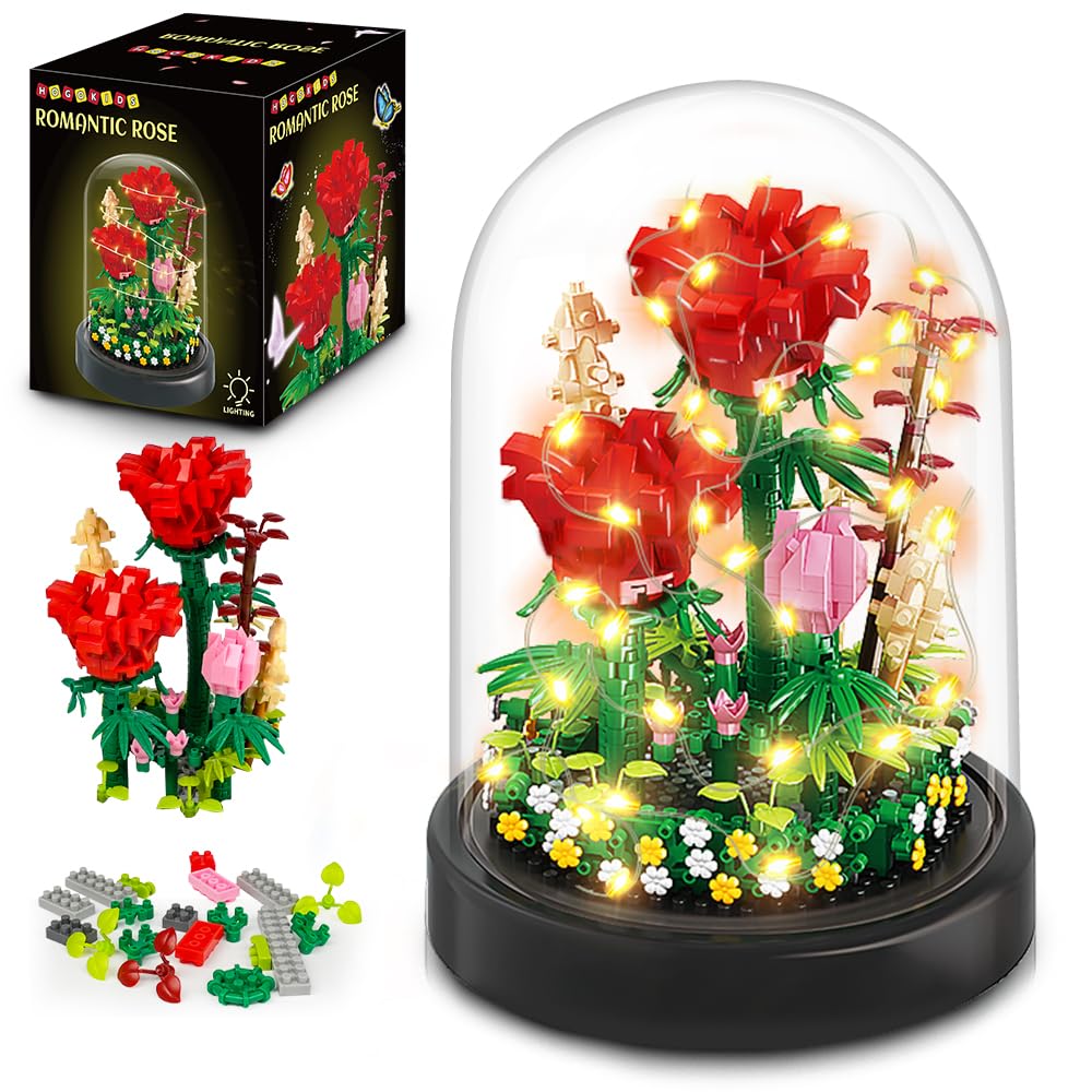 HOGOKIDS Flower Bouquet Building Kit with LED cover showcases elegant red roses for display.