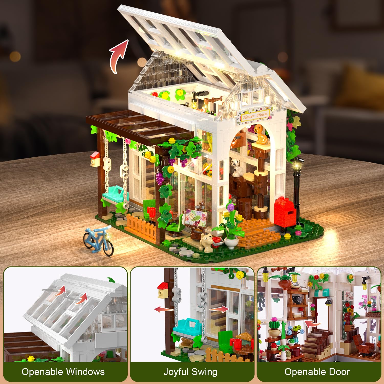 HOGOKIDS Flower House LED light on exterior for warm ambiance.