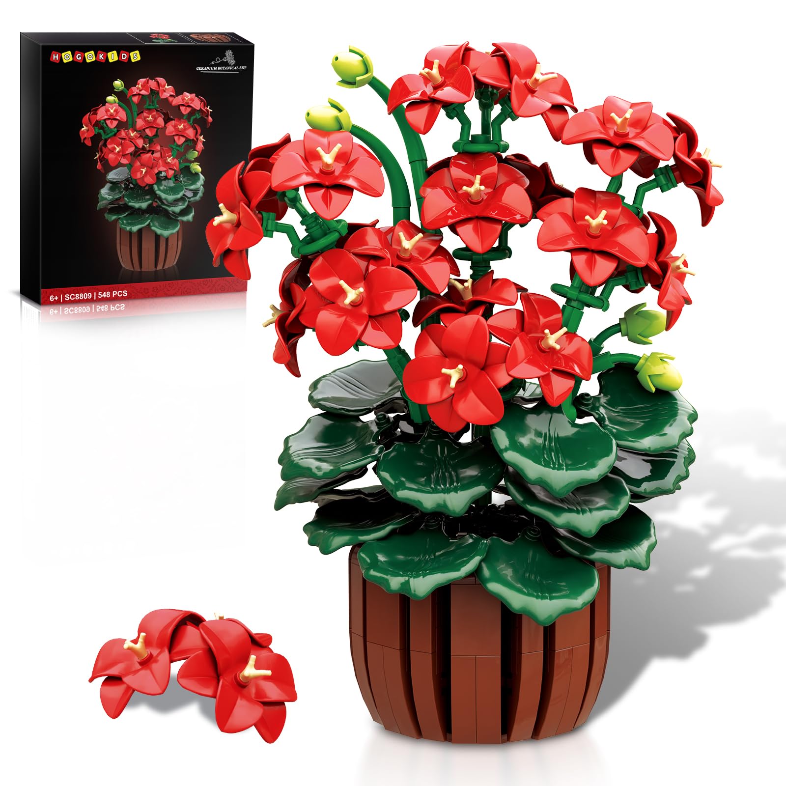 HOGOKIDS geranium building set showcases vibrant flowers for a maintenance-free home decor display.