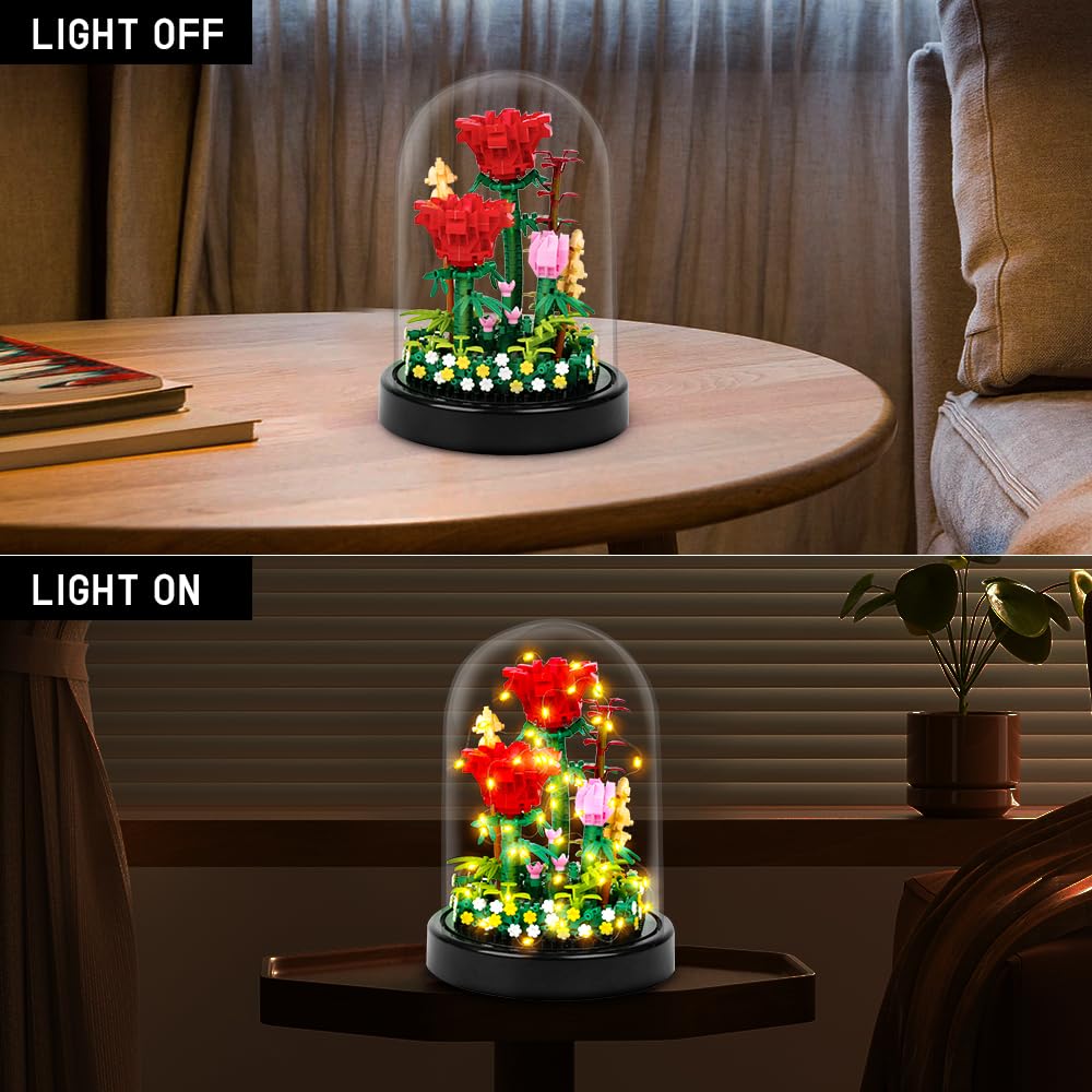 HOGOKIDS LED string lights illuminate the roses for romantic ambiance.
