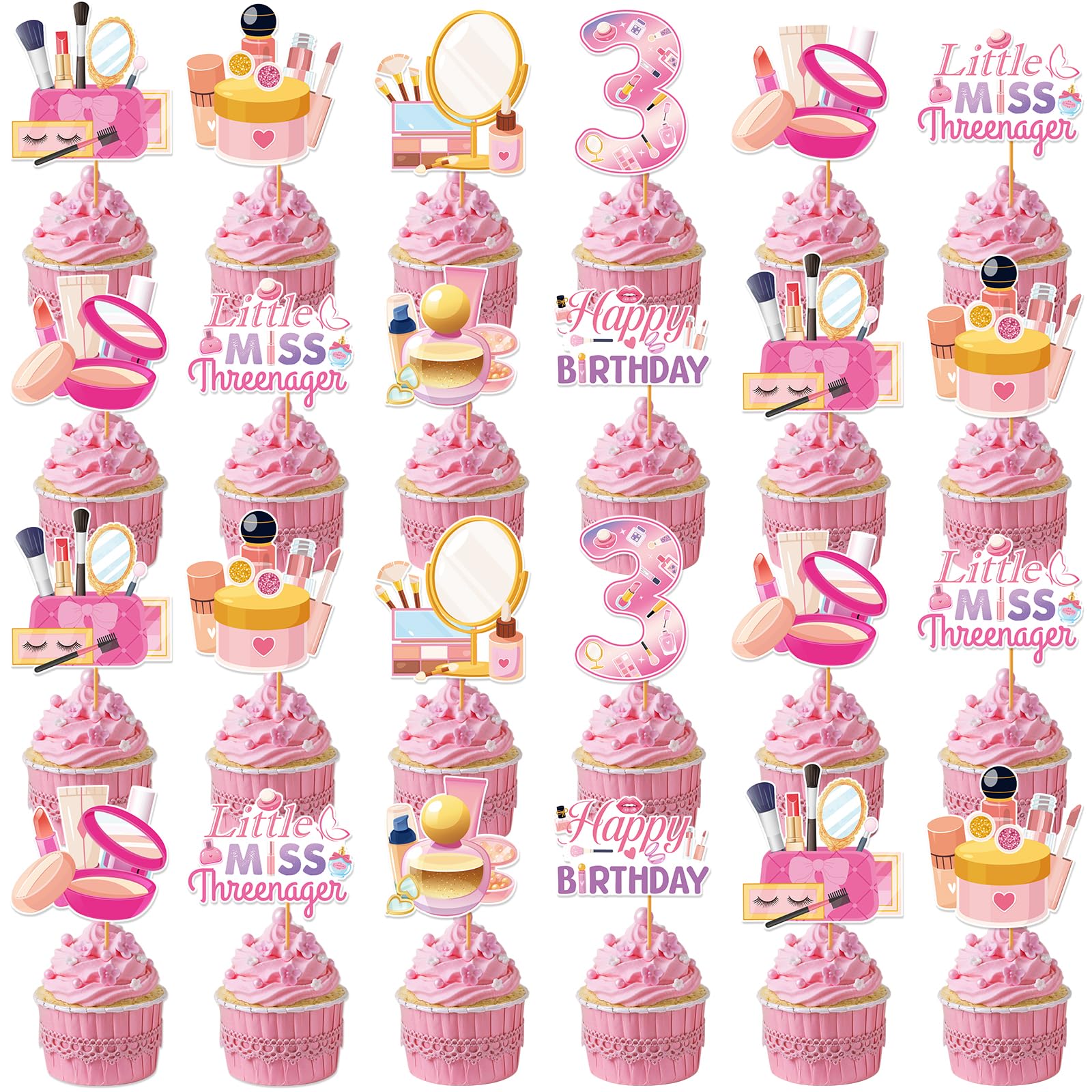 Hokinaa Little Miss Threenager cupcake topper in pink makeup theme for festive treats