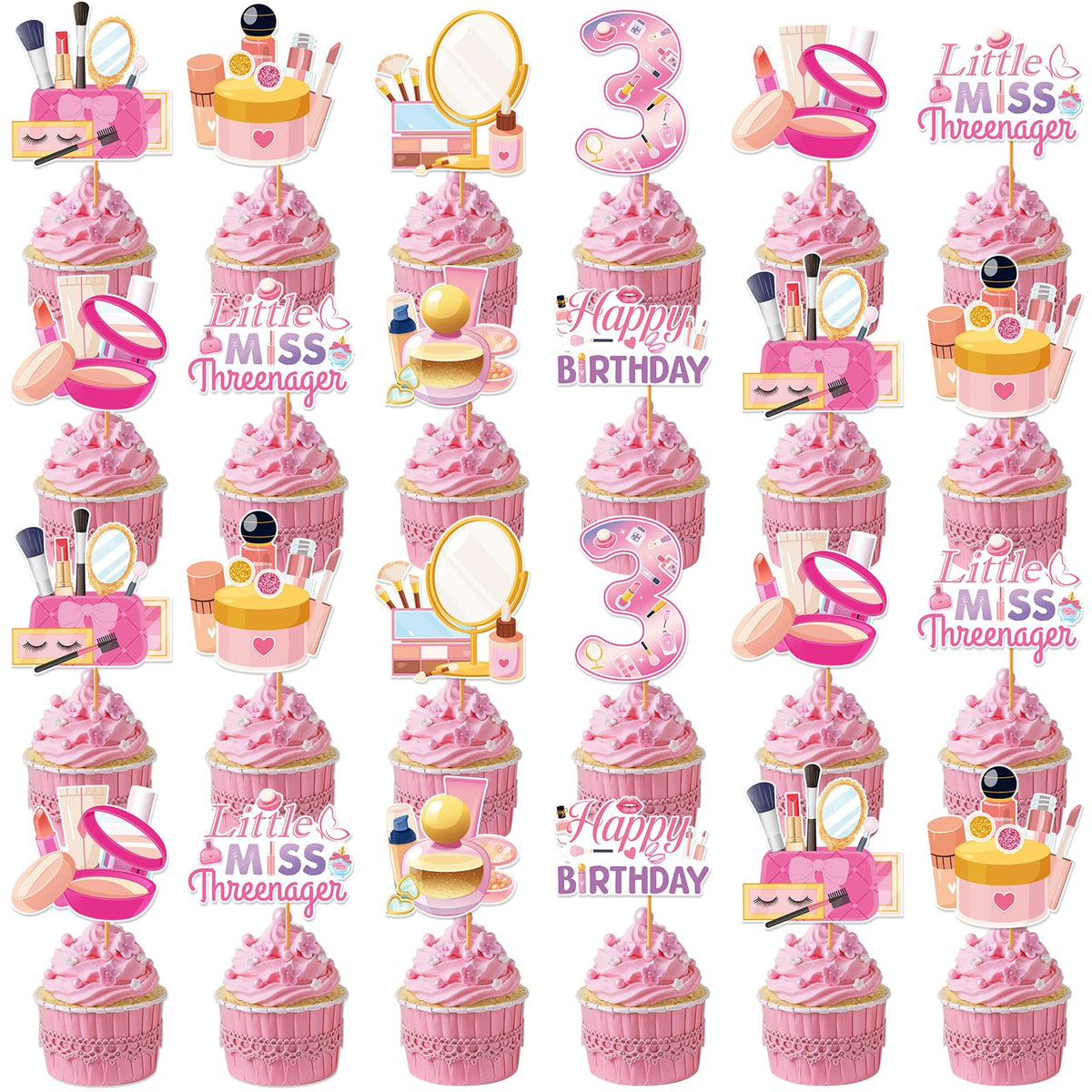 Hokinaa Little Miss Threenager cupcake topper in pink makeup theme for festive treats