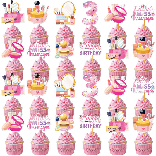 Hokinaa Little Miss Threenager cupcake topper in pink makeup theme for festive treats