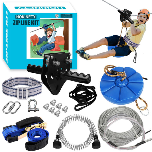 HOKINETY zip line kit adjustable seat for kids and adults, comfortable backyard fun.