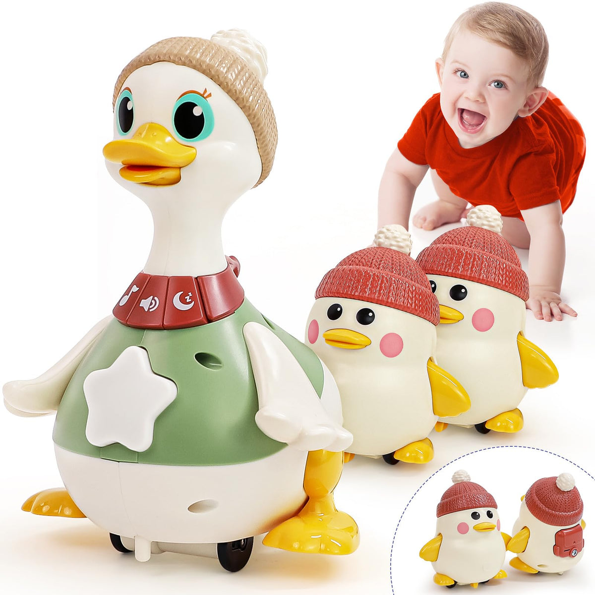 HOLA duck toy GO mode with lights and music encourages crawling