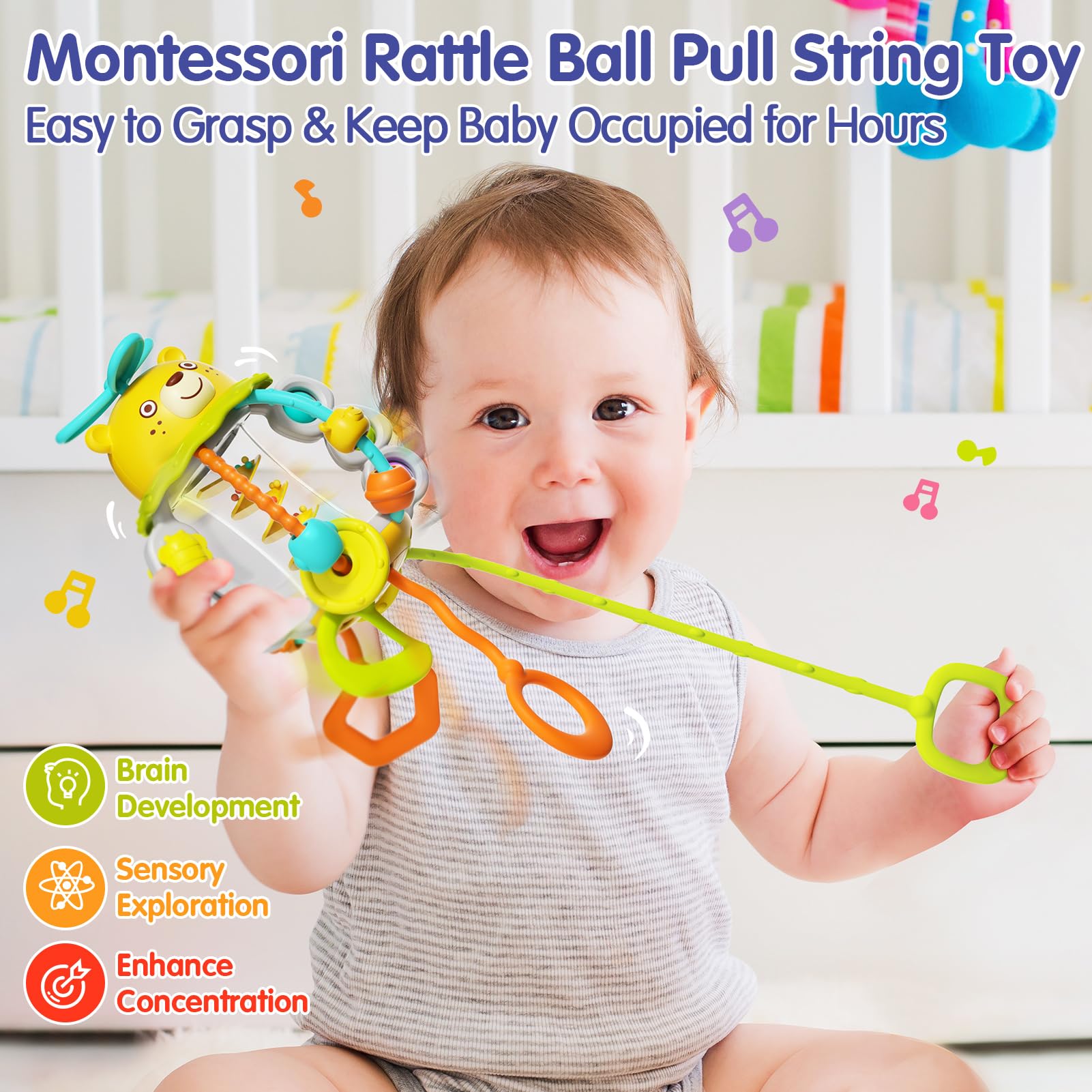 HOLA silicone pull-string teether for soothing teething and tactile play.
