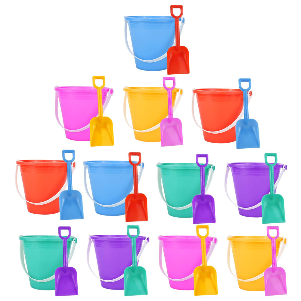 Holady 12-pack beach buckets and shovels, colorful set for kids' beach fun.
