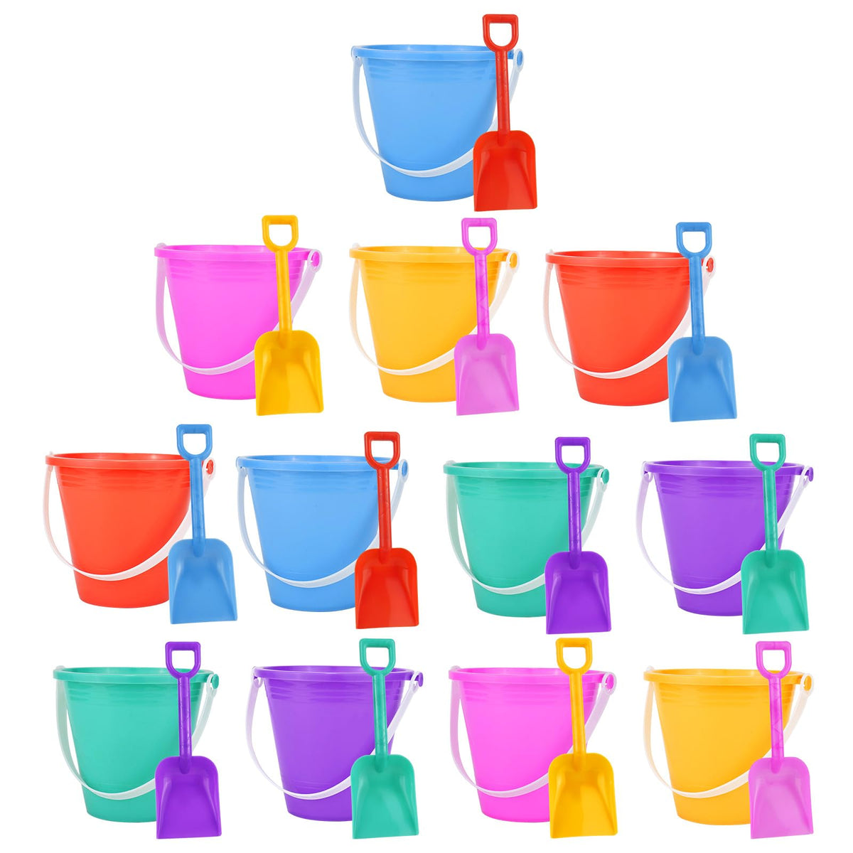 Holady 12-pack beach buckets and shovels, colorful set for kids' beach fun.