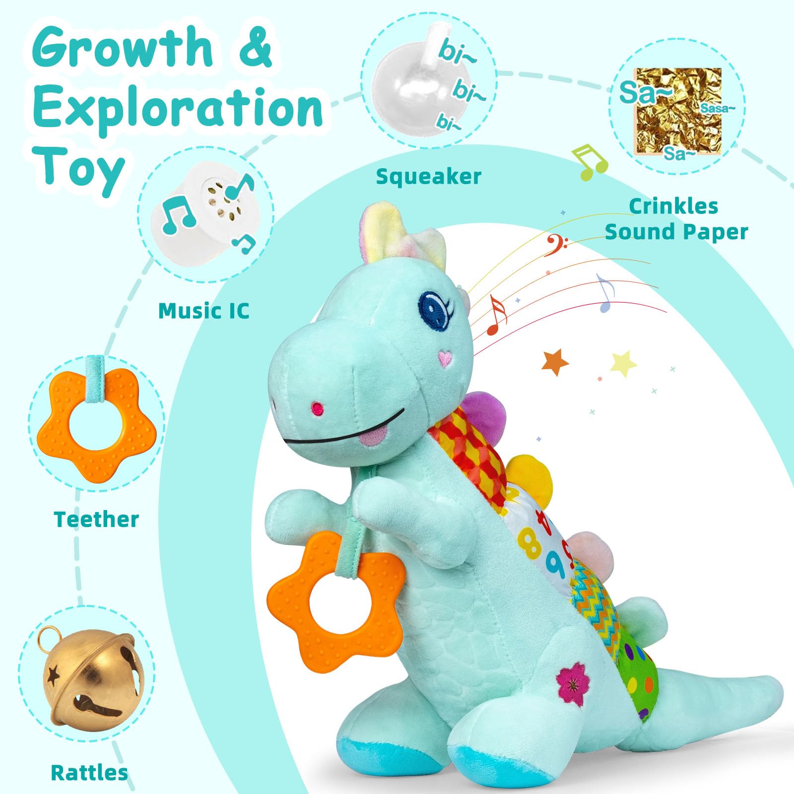 Holaxander Baby Dino plush body squeaker promotes interactive play