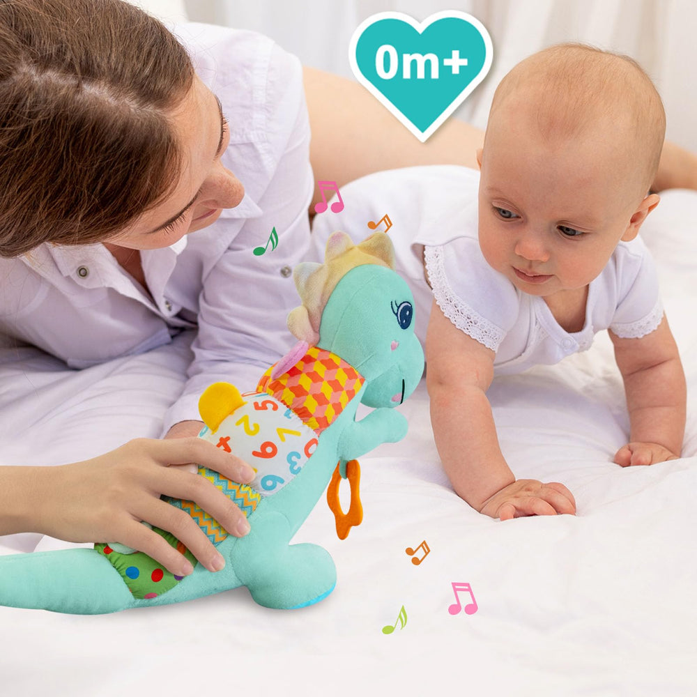 Holaxander Baby Dino plush tail rattle invites exploration