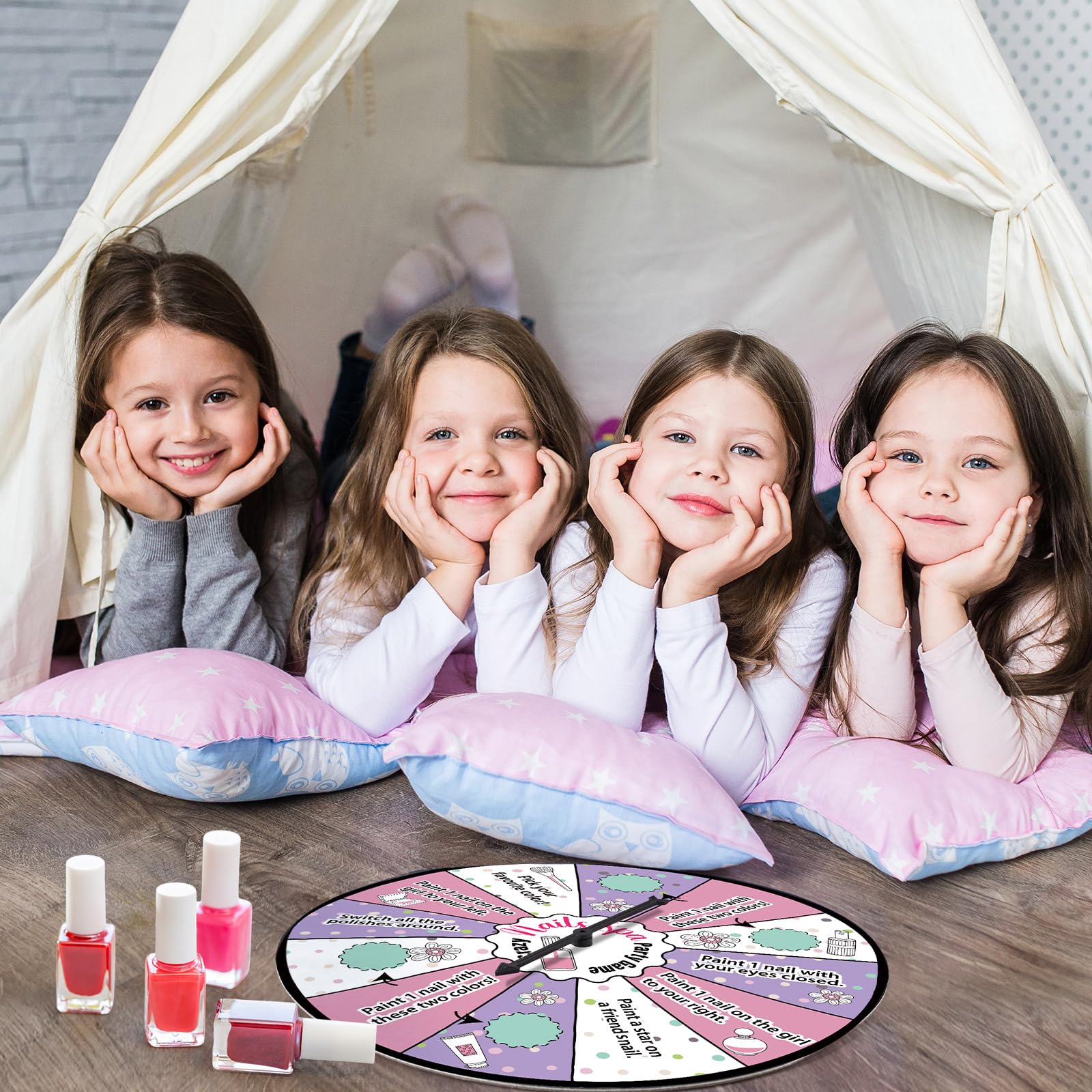 Hollowfly spa party game includes spinner, turntable, instruction sheet.