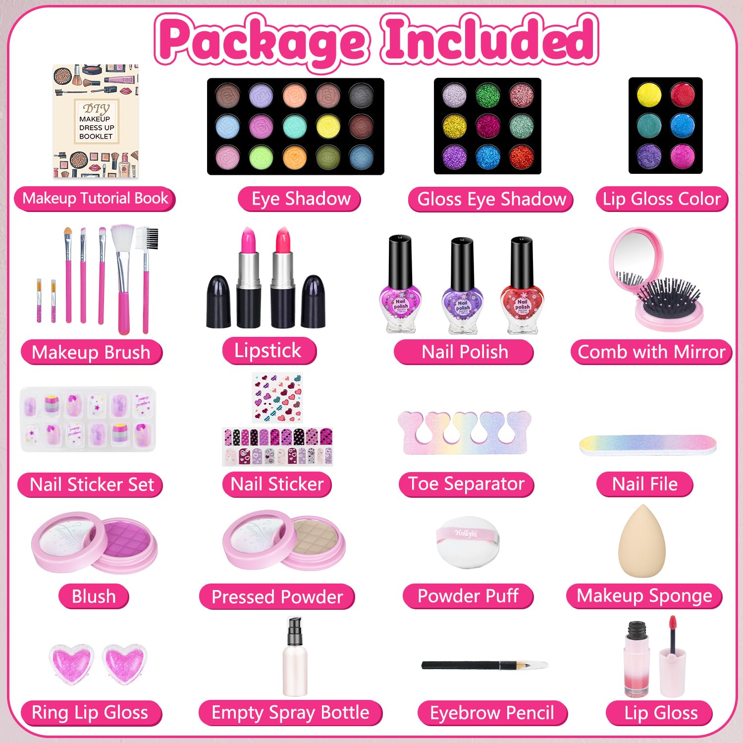 Hollyhi 59 Pcs makeup kit open with colorful tools for dress-up play