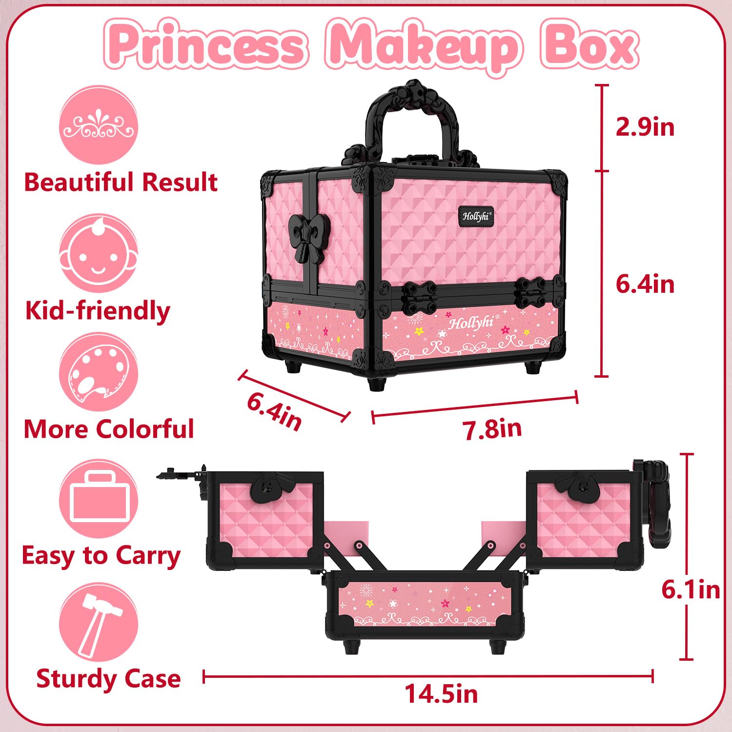 Bright pink color adds fun visual cue for pretend makeup time.