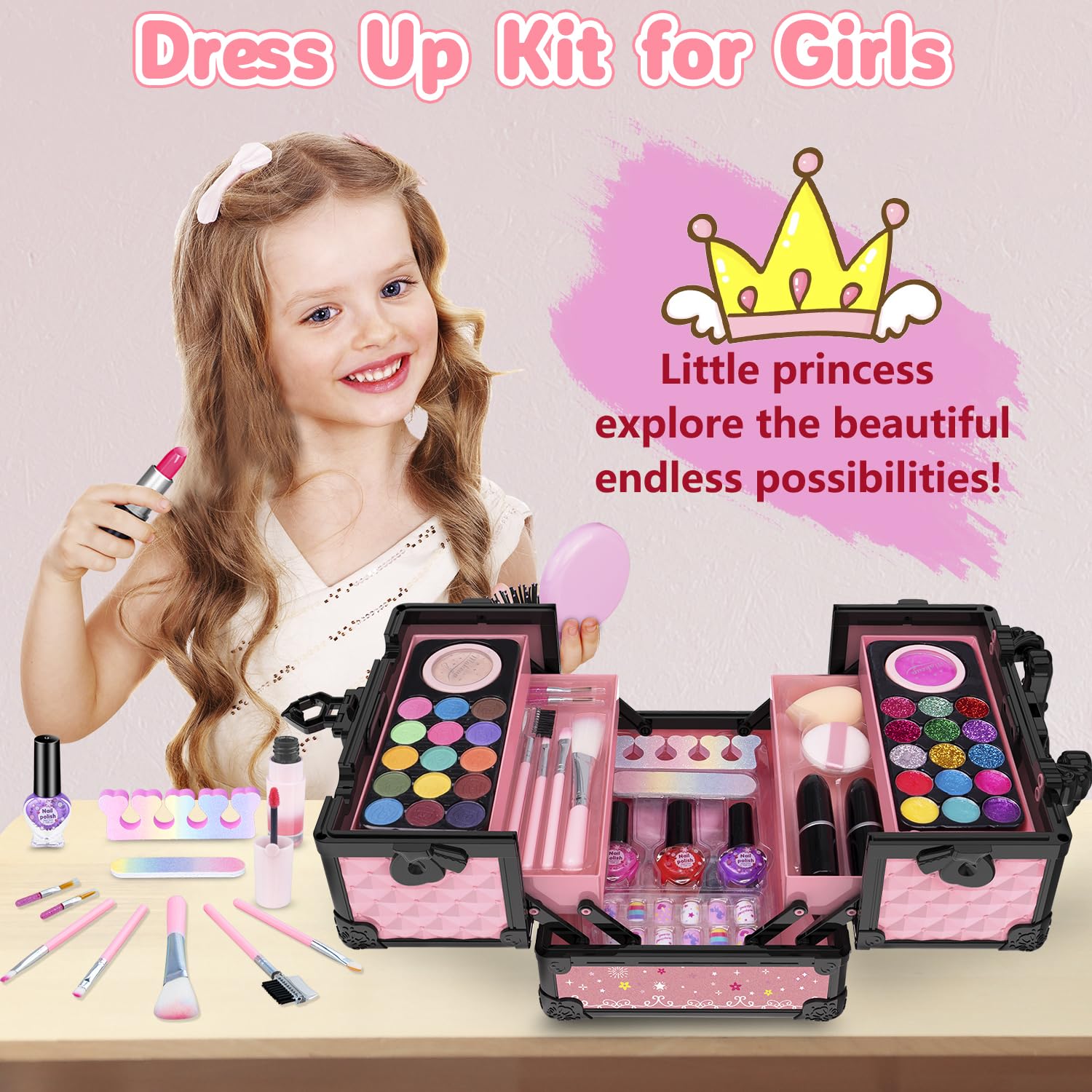 Hollyhi makeup brushes and palettes in pink for creative pretend makeup.