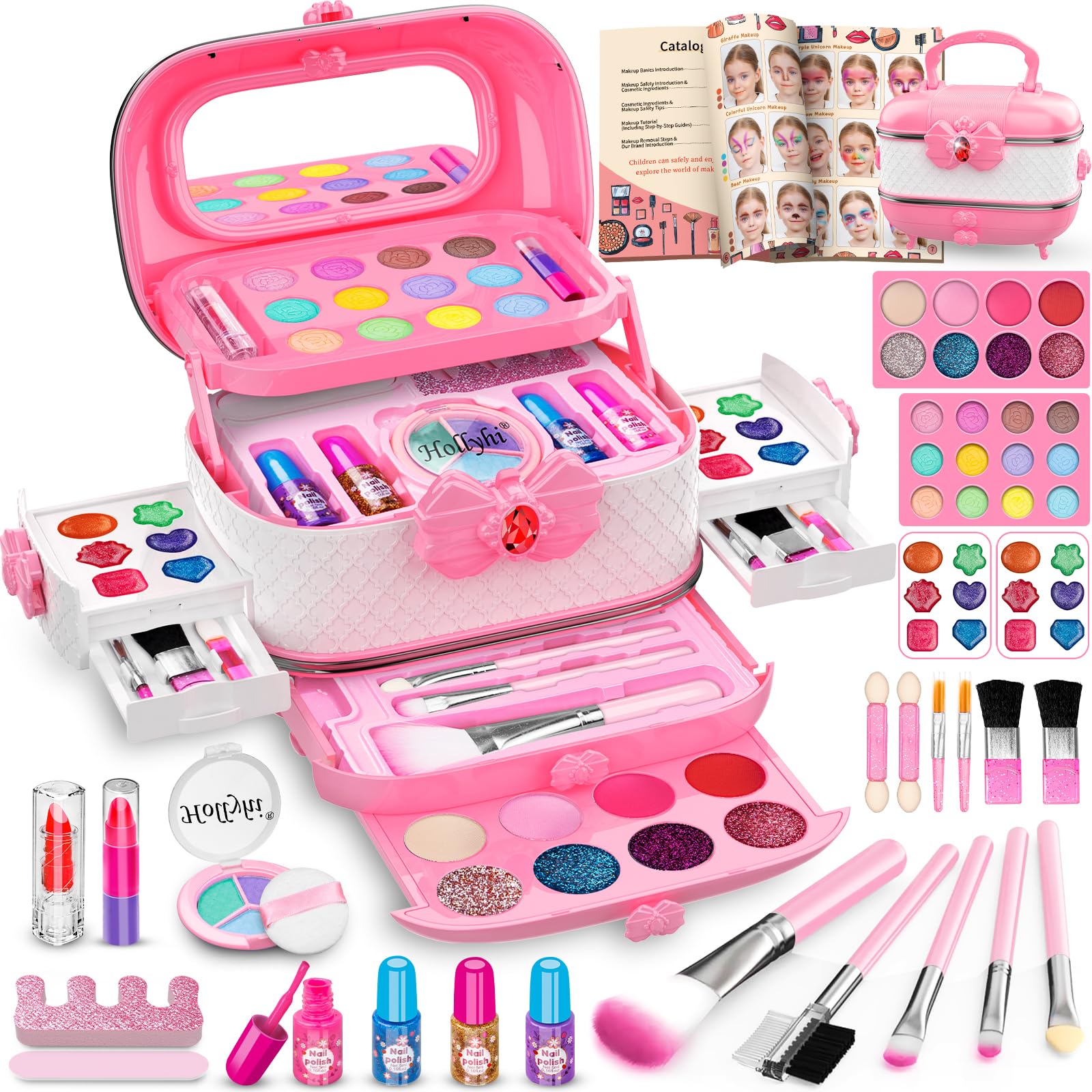 Hollyhi kids makeup kit pink case with mirror for pretend play and easy storage