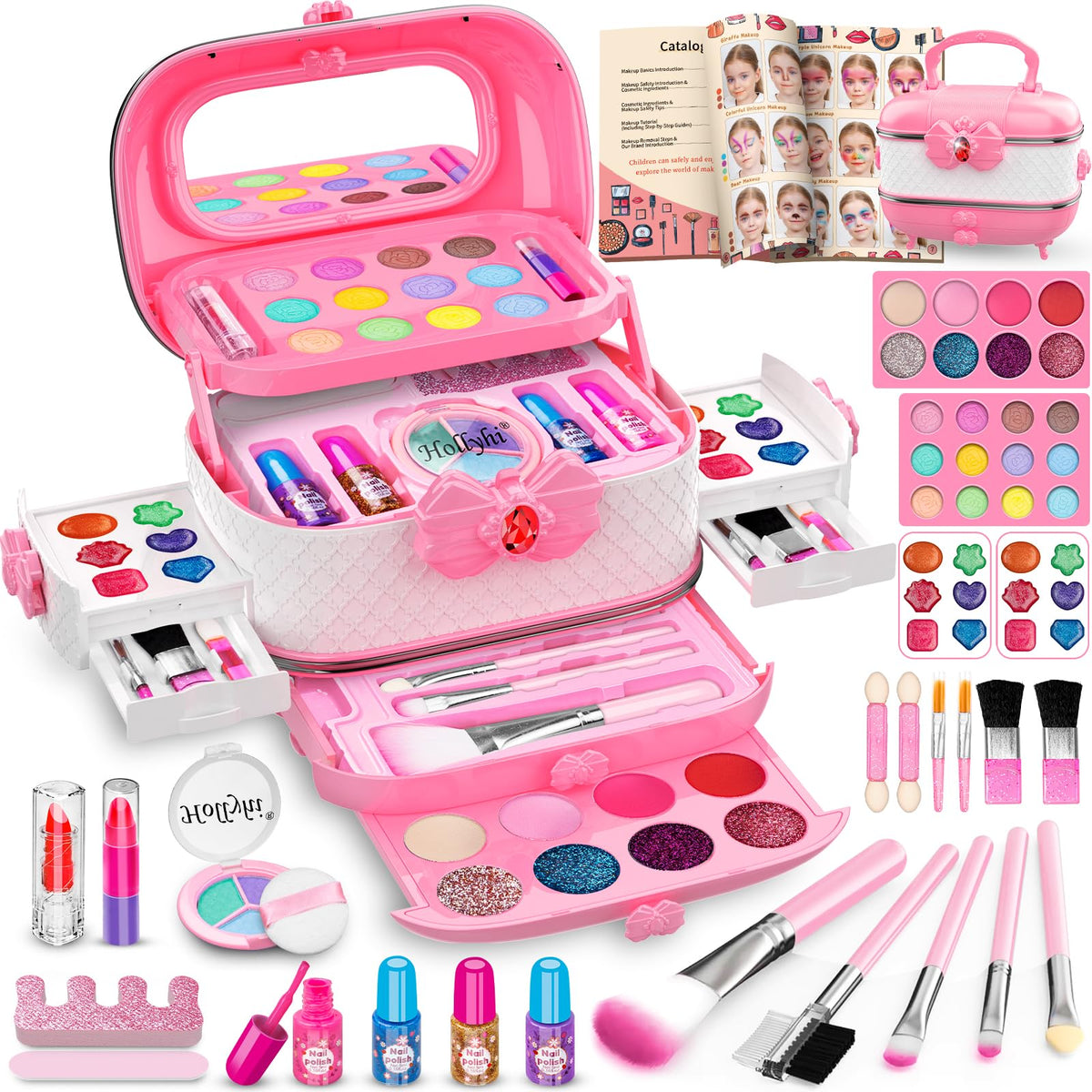 Hollyhi kids makeup kit pink case with mirror for pretend play and easy storage
