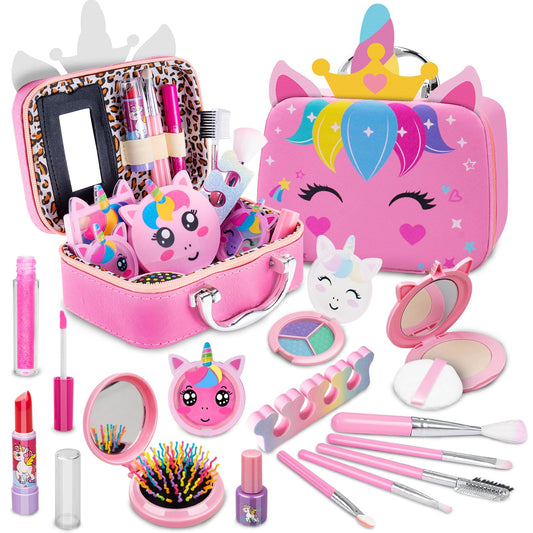 Hollyhi Kids Makeup Kit with unicorn bag open for pretend play and storage