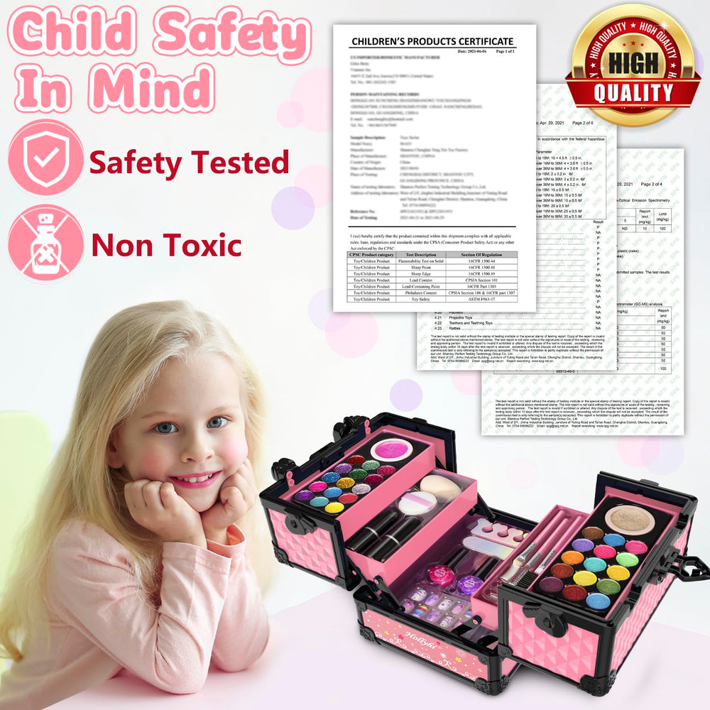 Child-friendly, washable makeup set enables safe dress-up play.