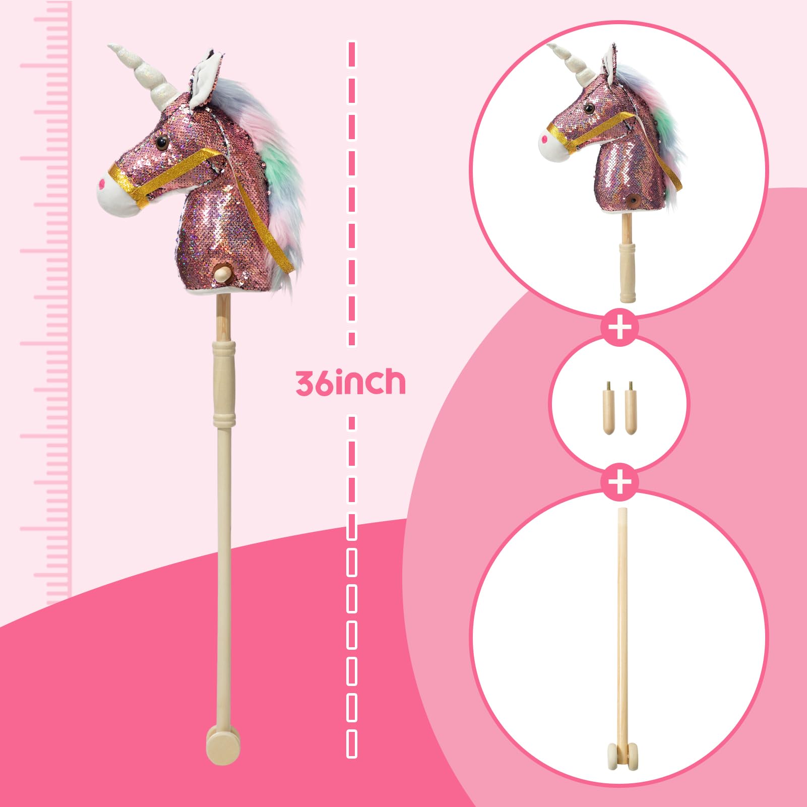 HollyHOME 36-inch pink unicorn stick horse suited for indoor outdoor adventures.