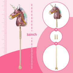 HollyHOME 36-inch pink unicorn stick horse suited for indoor outdoor adventures.