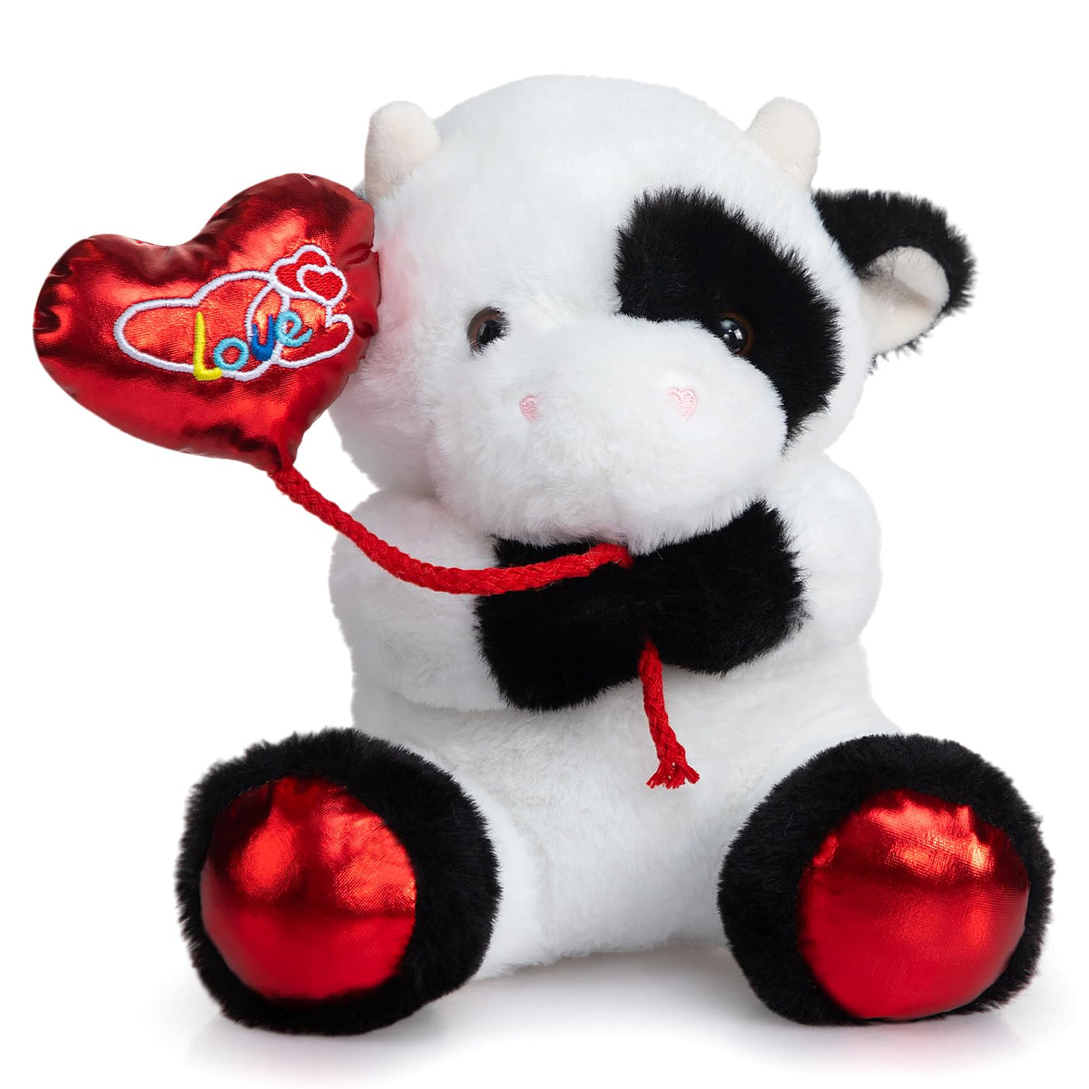 HollyHOME cow plush toy with red heart balloon, ideal Valentine gift.