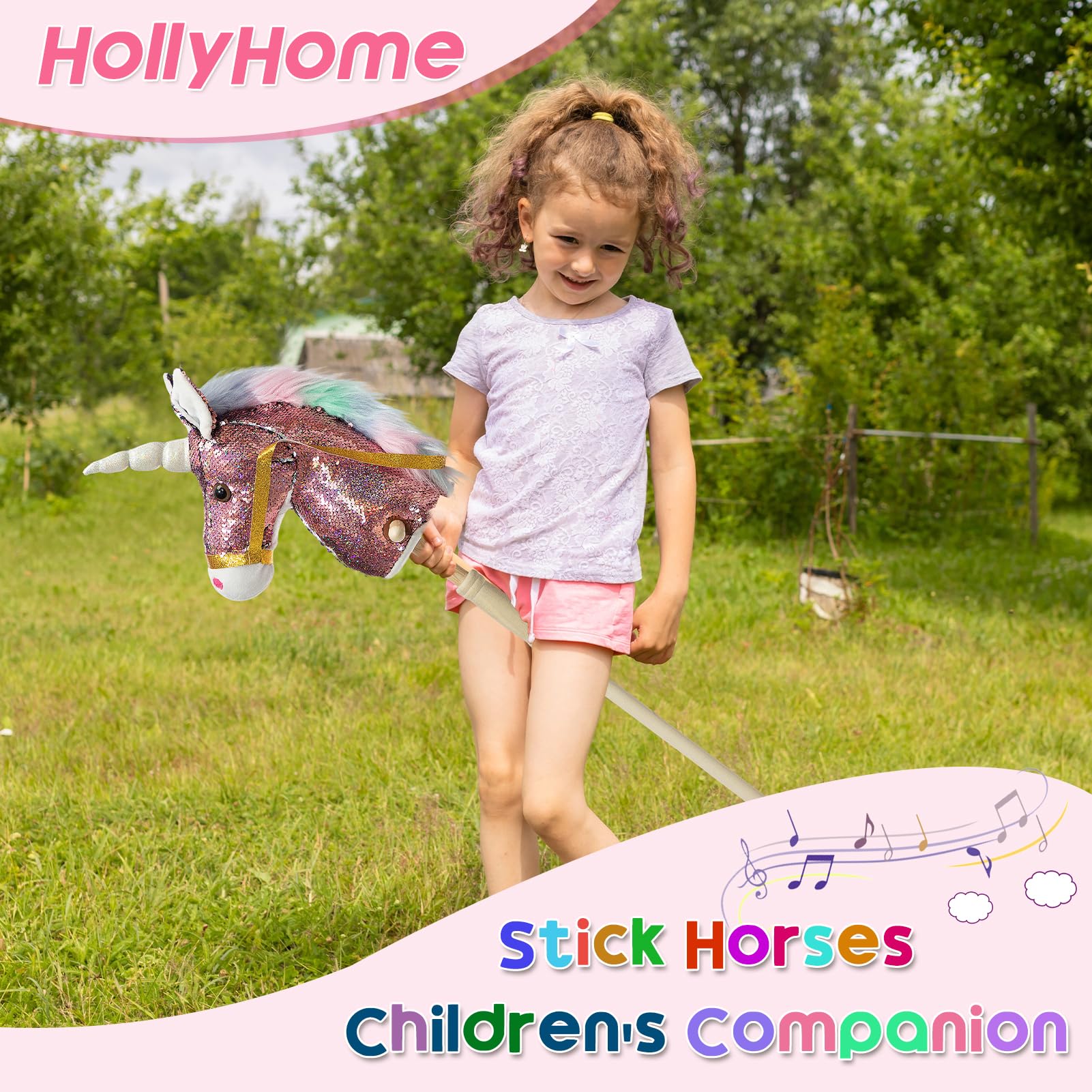HollyHOME handcrafted wood stick and leather reins offer durable kid-friendly play.