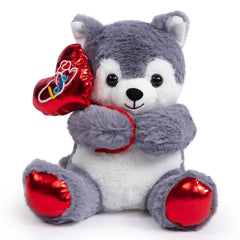 HollyHOME husky plush holding red love balloon, ideal Valentine’s gift.