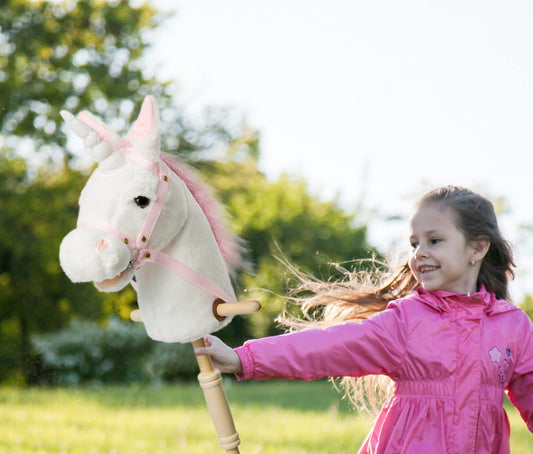 HollyHOME plush unicorn stick horse head detail showing craftsmanship